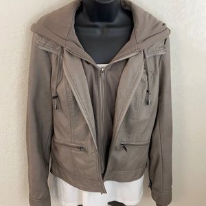 Hooded Faux Leather/Sweatshirt Jacket